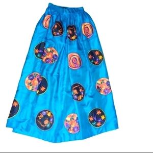 Vtg 70s silk embroidered beaded turquoise blue bohemian Designer maxi skirt XS